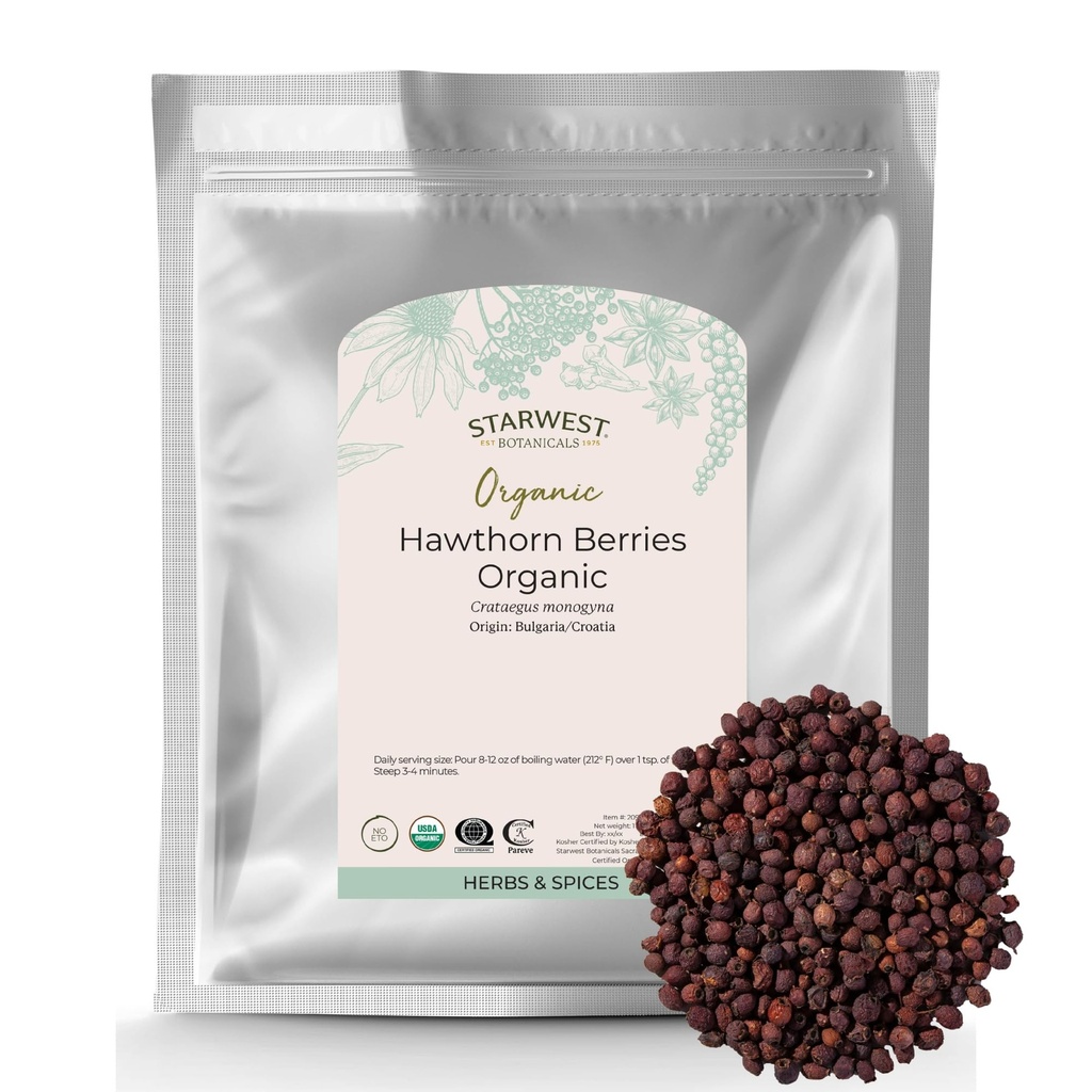 Zvaigznes Botānika Organic Hawthorn Berries Viss - Žāvēti Loose Leaf Ārstniecības augi tējai, Jam, & Ārstniecības augu ekstrakti, Dabiskā gremošanas atbalsts, Sertificēts Kosher, Non-GMO - Bulk 1 lb Bag