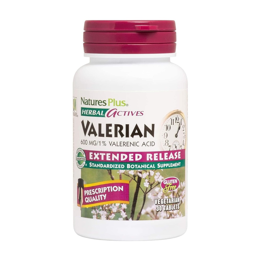 Dabas Plus Ārstniecības augi Valerian Extended Release Tabletes - 600 mg, 30 Vegan Tabletes - Veģetārs, bez lipekļa - 30 Servējumi