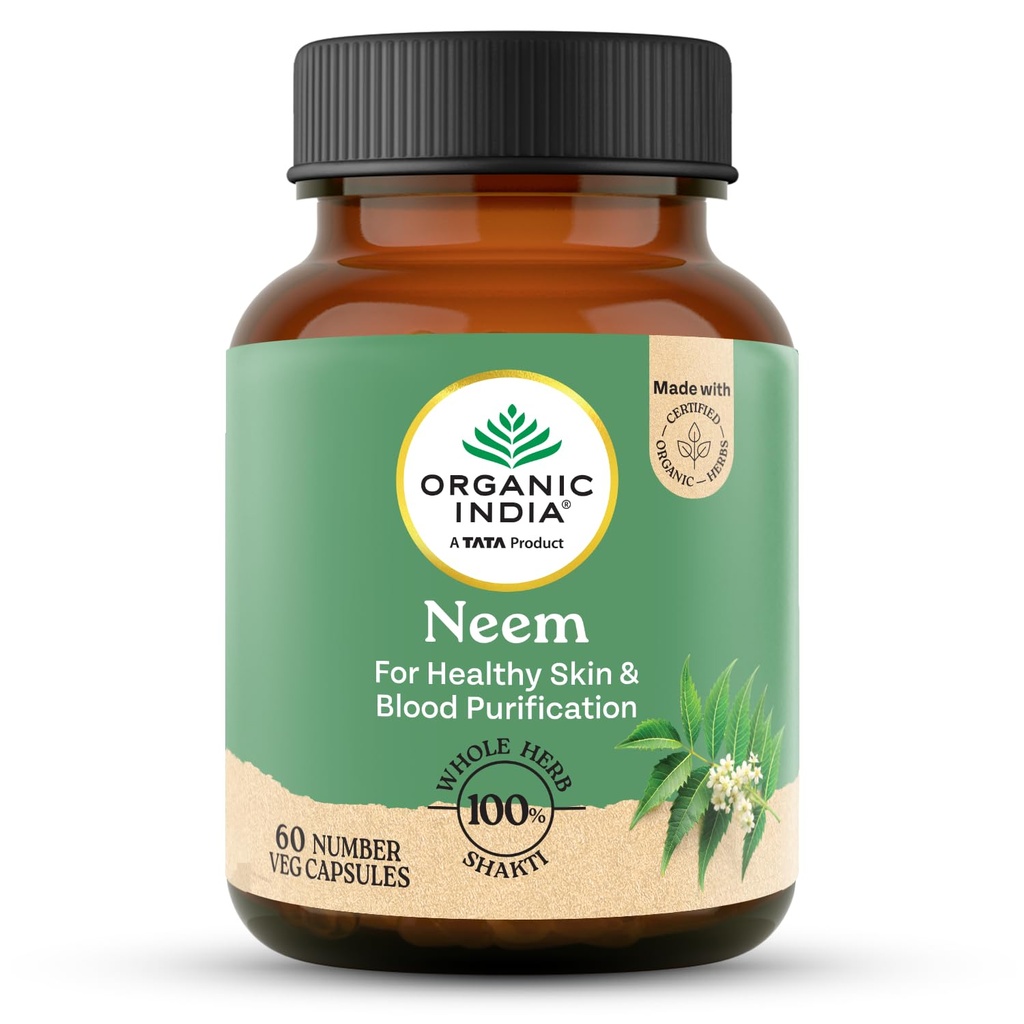 A TATA Product - Organic India Neem Blood Purifier - 60 Veg Capsules, Natural Blood Purifier, Plant-Based Anti-Bacterial, Anti-Viral, With Immunity Boosting Properties, GMP & NPOP Certified Organic