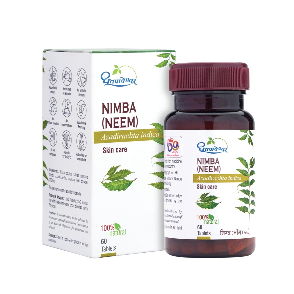 Dhootapapeshwar Neem Tablets | Ayurvedic Skin Health & Blood Purifier | Anti-Fungal, Anti-Bacterial, Supports Digestion & Heals Wounds | 60 Tablets X Pack Of 2