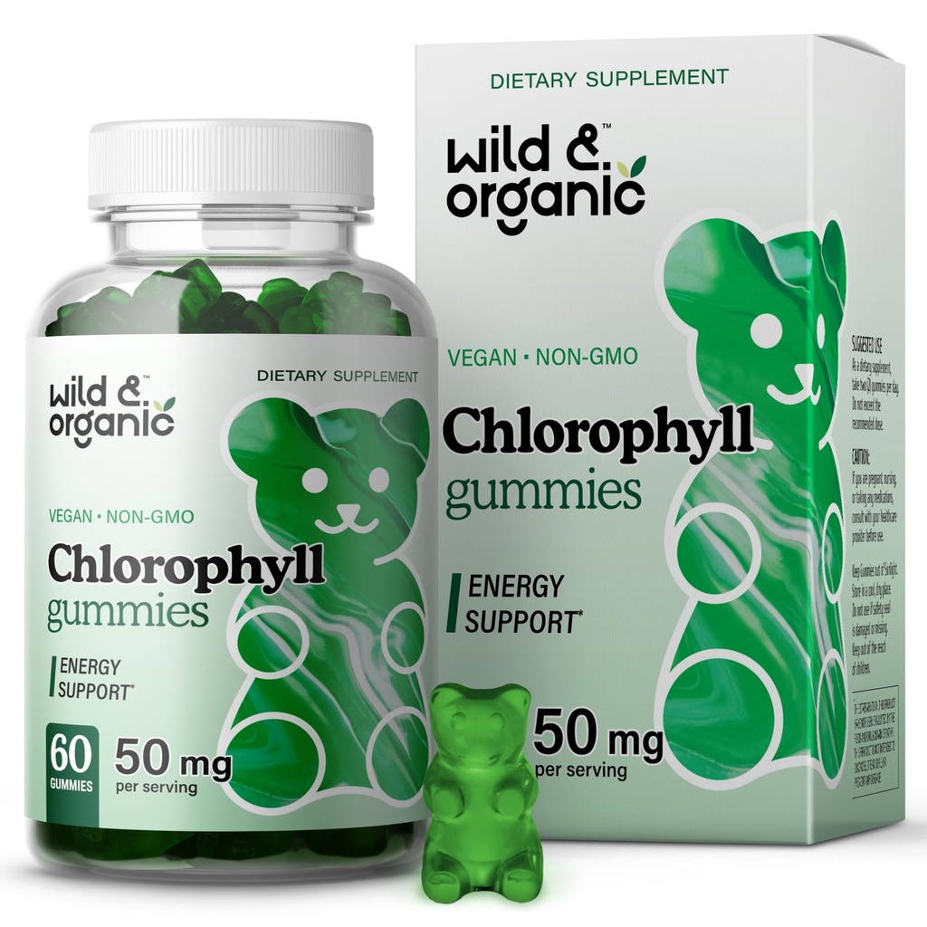Wild & Organic Chlorophyll Gummies 50mg - Detox Cleanse Papildinājumi w/Sodium Vara hlorofilīns - Iekšējais dezodorants w/hlorofila pulveris - Vegan, Non-GMO - 60 Herbal Chews