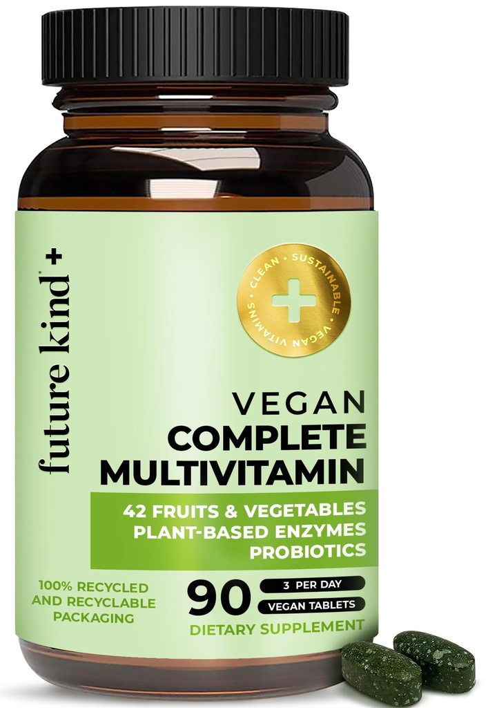 Nākotnes Kind Vegan Multivitamīni Pilnīgi - 42- in-1 Vegan Multivitamīni sievietēm un vīriešiem ar enzīmiem, B12, Cinka, un Probiotikas Gremošanas (90 tabs pārstrādātā pudelē)