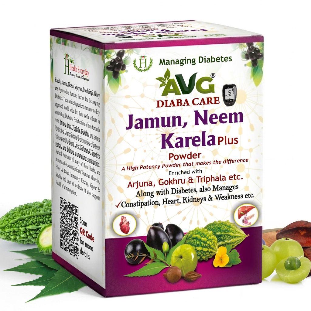 AVG Health Organics Diaba Care Karela Jamun Neem Powder 200g | Diabetes Control Ayurvedic Supplement with Arjuna, Gokhru & Triphala | Helps in Relieving Constipation | AYUSH & GMP Certified