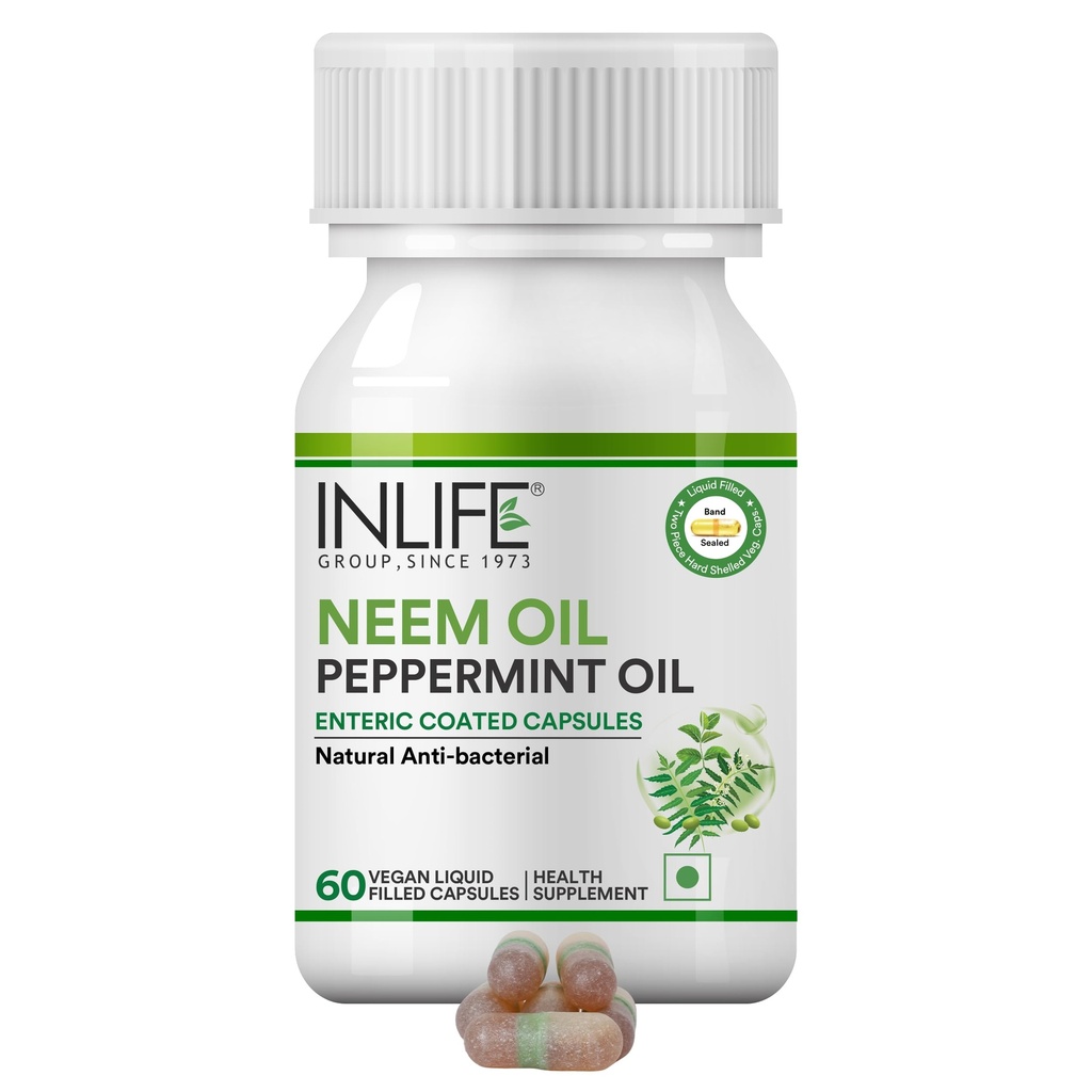 INLIFE Neem Peppermint Oil Enteric Coated Supplement, 60 Veg Capsules