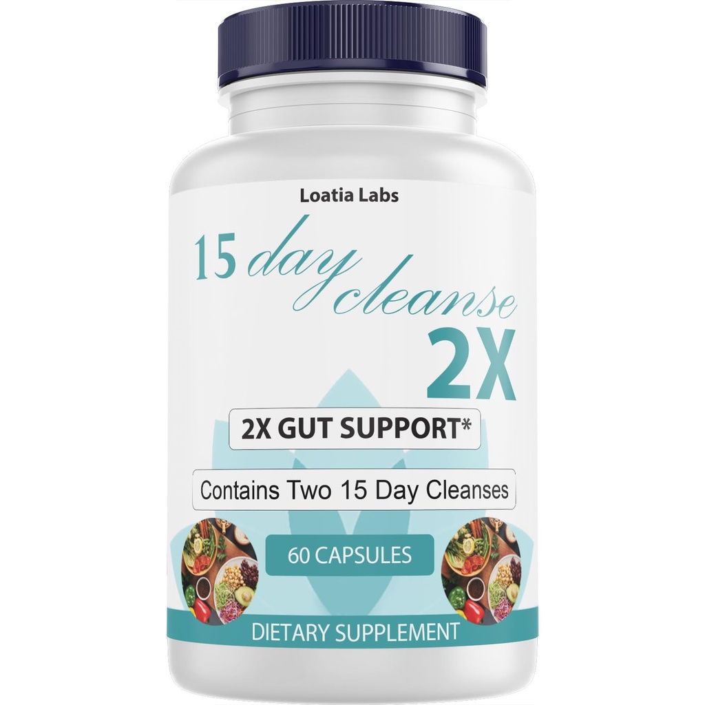 15 dienu tīrīšanas 2X - Double Gut & Colon Support - Advanced Gut Cleanse Detox sievietēm un vīriešiem ar Alfalfa, Cascara Sagrada, Probiotics & Psyllium Husk - Ne-GMO - Ražots ASV - 60 Kapsulas (1 pudele)