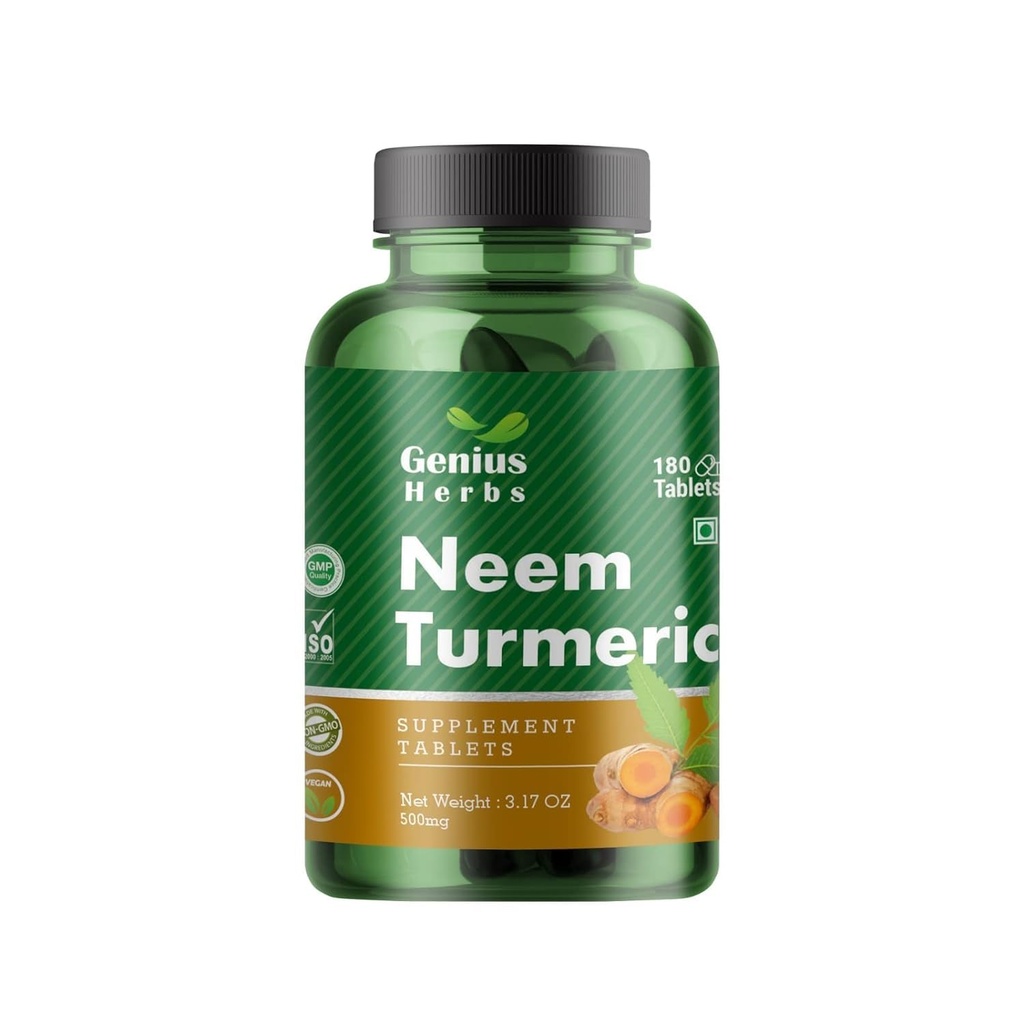 Neem Turmeric Tablets 500mg – 180 Tablets (45 Days Supply, Pack of 1) | Ayurvedic Herbal Detox & Immunity Booster Supplement | Supports Skin Health, Digestion & Overall Wellness | Vegan, Non-GMO