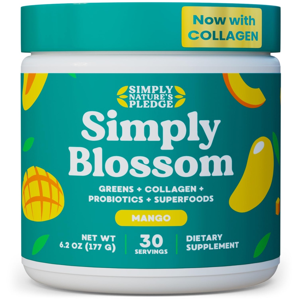 Vienkārši Blosom Nutrition Daily Greens & Superfood Pulveris + kolagēns + Probiotikas sieviešu gremošanas Veselība & Bloating Relief. Palīdzēt jūsu veselībai Bloom - 30 dienu piegādes - Mango