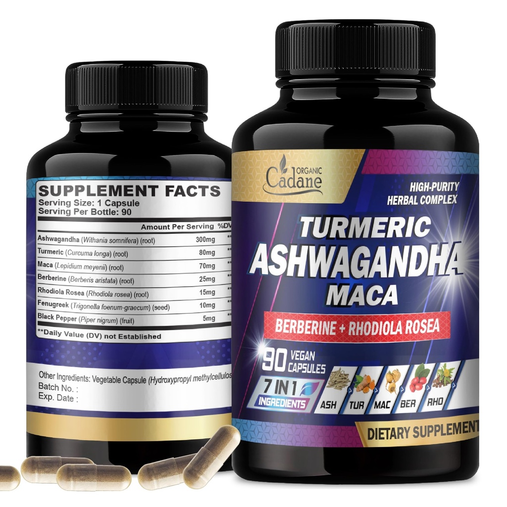 Organic Cadane Ashwagandha papildinājumi - Atmiņas, imūnās sistēmas un stipruma atbalsts - 7in1 Koncentrēts ar turmeric, Maca Root, Berberine & More - 90 Vegan kapsulas 3 mēnešu piegādes