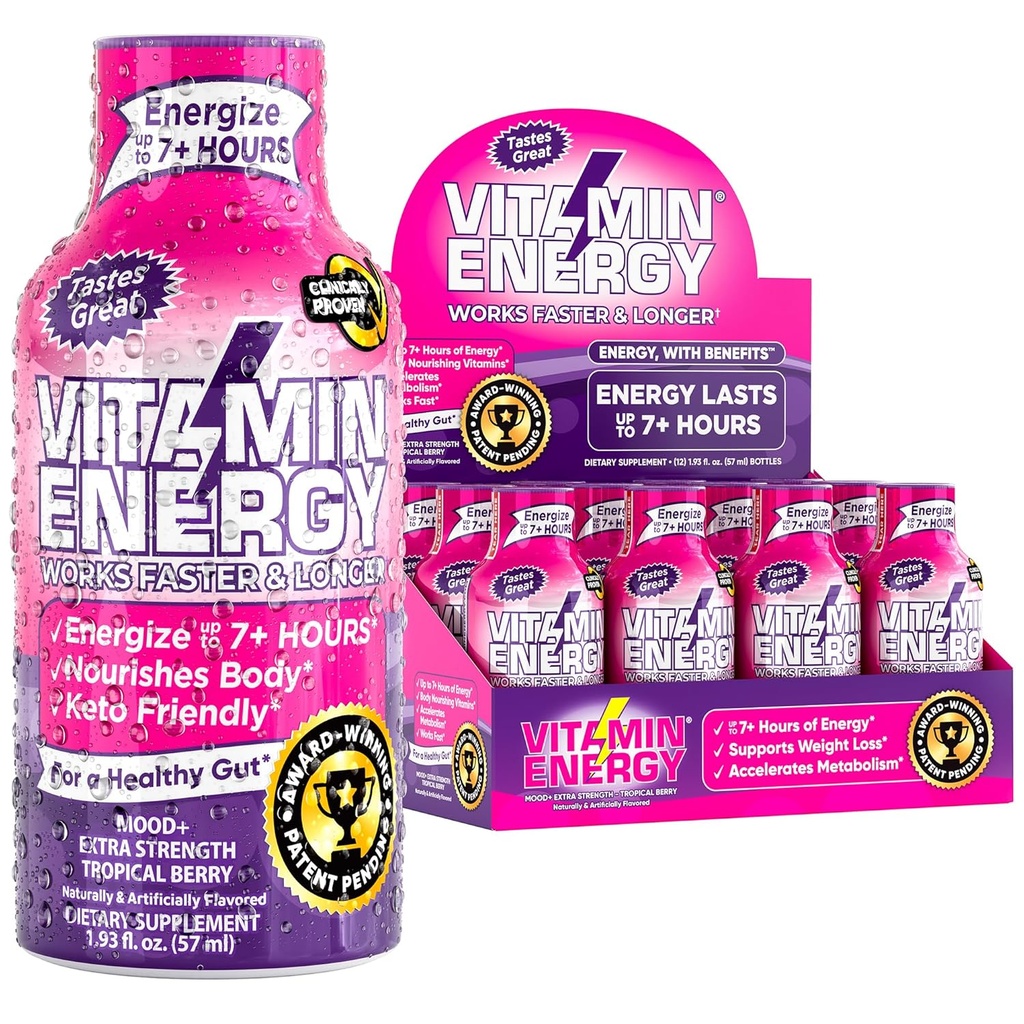 Vitamīnu enerģija Mood+ Enerģijas Shot – Tropic Berry – 100% DV B-Vitamīnu & 260mg Augu bāzes kofeīns – Nulle kalorijas, bez cukura, Vegan, Non-GMO – Mood & Energy Support – 1.93 fl oz, 12 Iepakojums