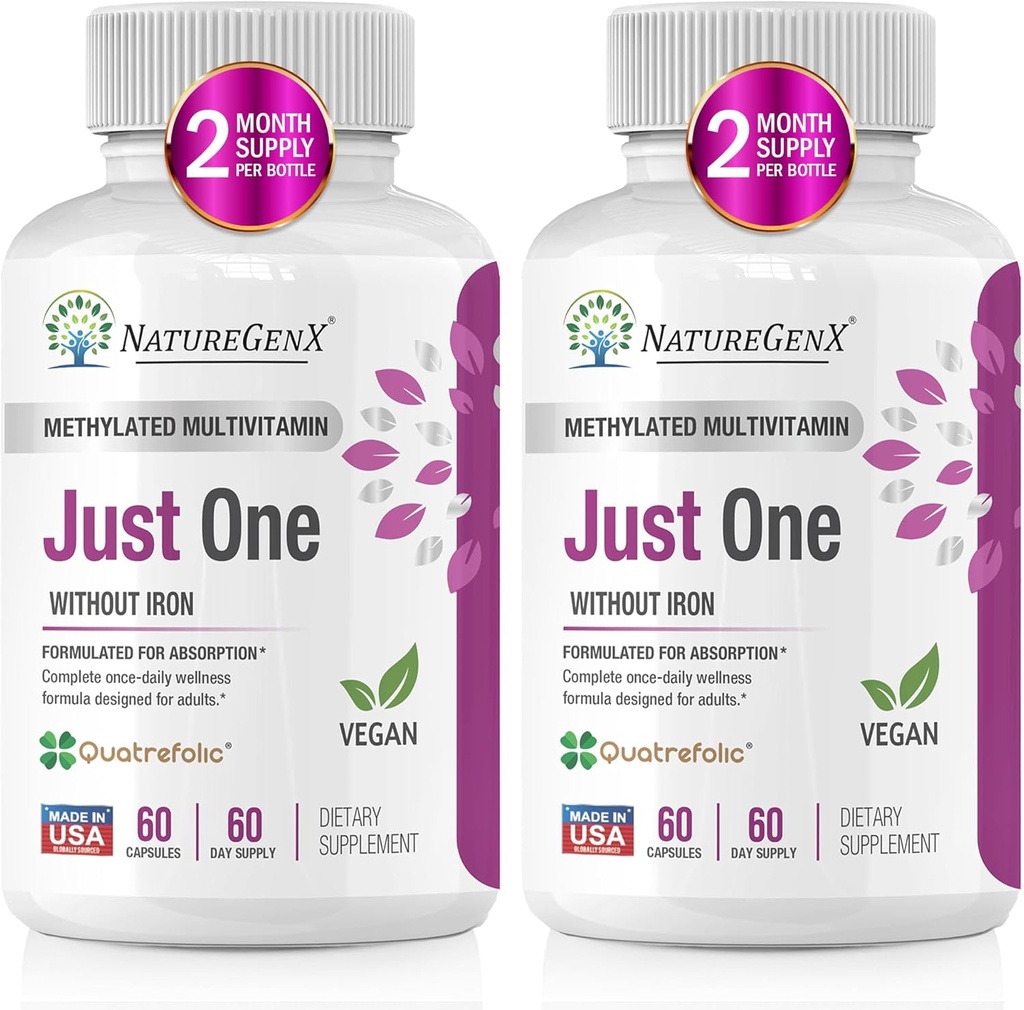 Tikai viens metilēts multivitamīns ar metil-B12, Quatrefolic metilfolate, Pure MTHFR papildinājums vīriešiem un sievietēm bez dzelzs, 2 pudeles (60 Vegan kapsulas), USA-Made