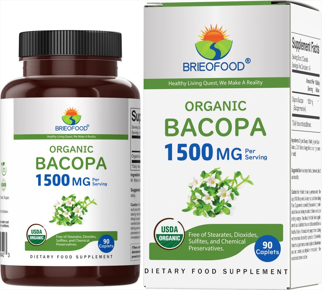 Brieofood Organic Bacopa 1500mg, 45 Kalpo, Veģetārietis, Gluten bezmaksas, 90 Veģetār...