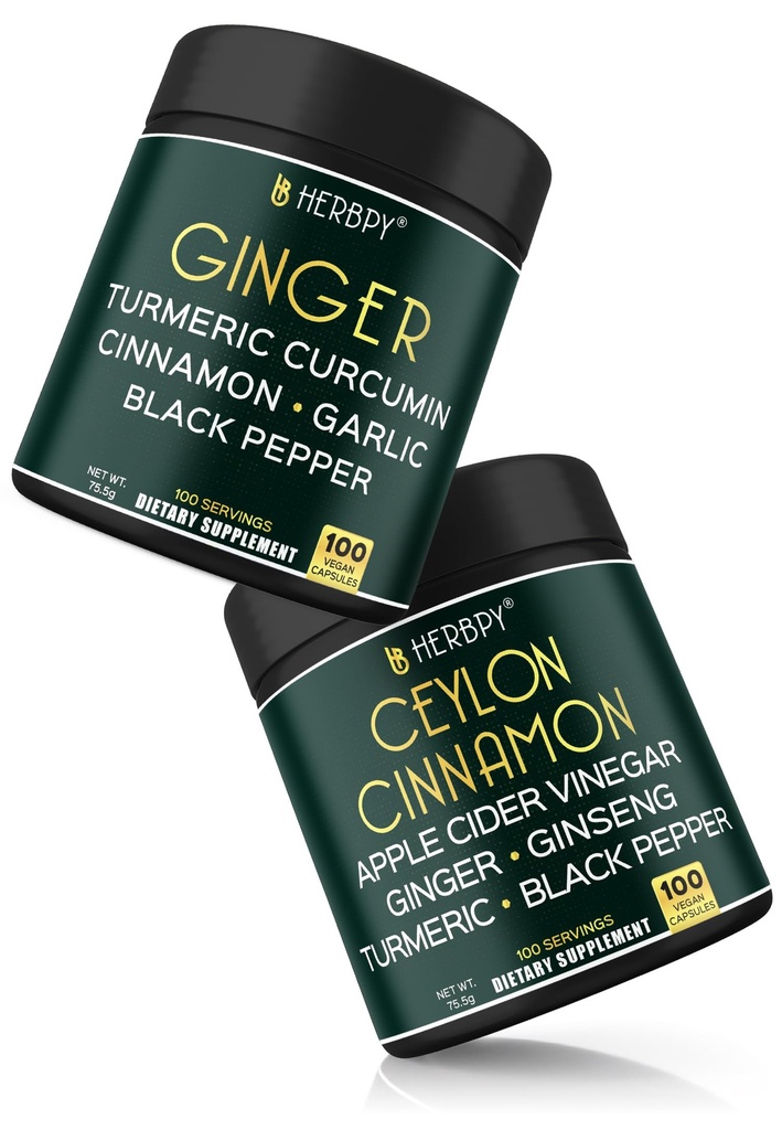 Herbpy Bundle 5in1 Ginger Supplements 755mg/serving (100 Capsules) & 6in1 Premium Ceylon Cinnamon Capsules 755mg/serving (100 Capsules)