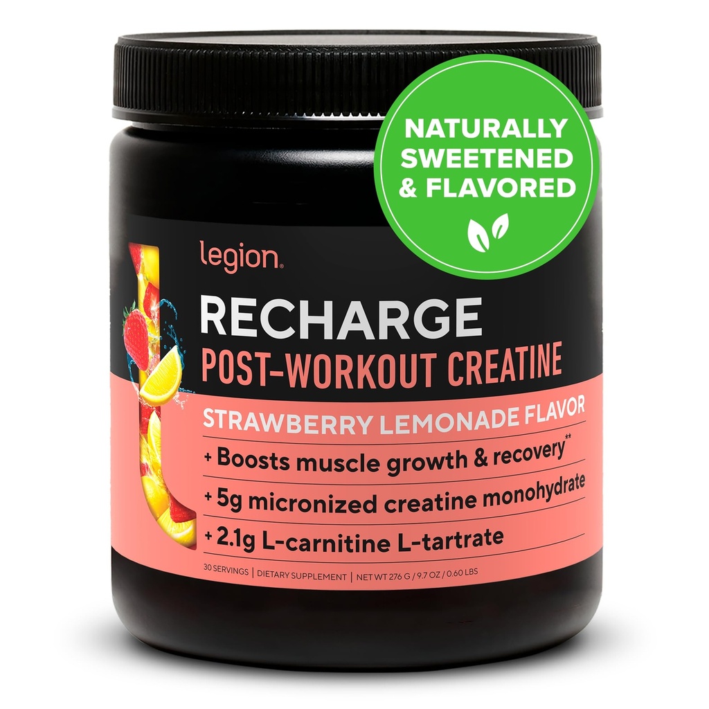 LEGION Recharge Post Workout Drink - Mikronizēts kreatīnmonohidrāts Dabas post Workout Recovery Drink - Muskuļu celtnieks & Recoverer Booster Post Workout bagātinātāji (Zemeņu citronāde, 30 Kalpo)
