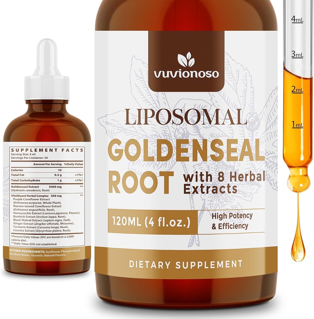 Goldenseal Saknes ekstrakts 3000mg imūnās un elpošanas labsajūtu - ātra absorbēšana -- bezcukura -- Vegāns - 4 Fl Oz