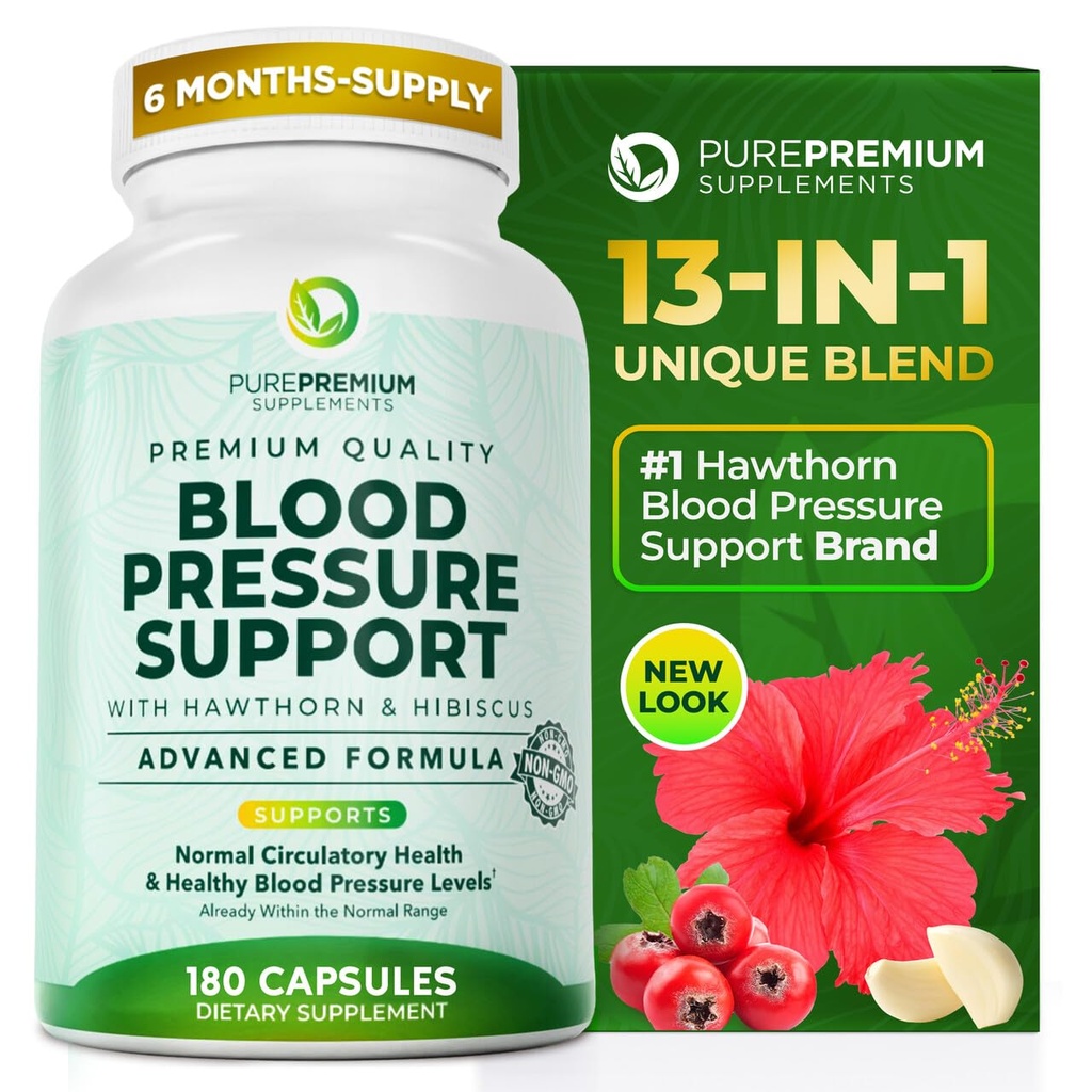 PurePremium Asinsspiediena Papildinājumi ar Hawthorn Berry, Hibiscus, Ķiploki & vitamīns B12-Slāpekļskābe Oksīda Papildinājums normālai sirds veselībai, Cirkulācijas veselība un Asinsspiediena Atbalsts - 180ct
