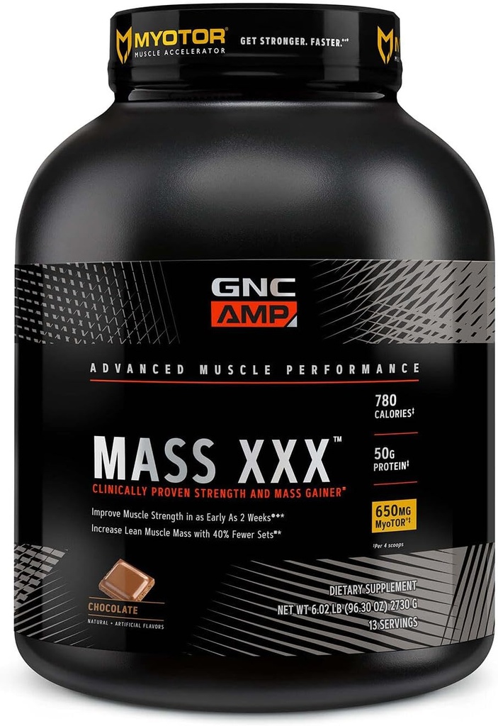 GNC AMP Mass XXX, klīniski pierādīts Svars Gainer Olbaltumvielu pulveris, uzlabo stiprumu un izmēru, 780 Kalorijas, 50g Olbaltumvielas, mikronizētas aminoskābes, kreatīns, betaīns, Šokolāde, 13 Kalpojumi, 6 gabaliņi