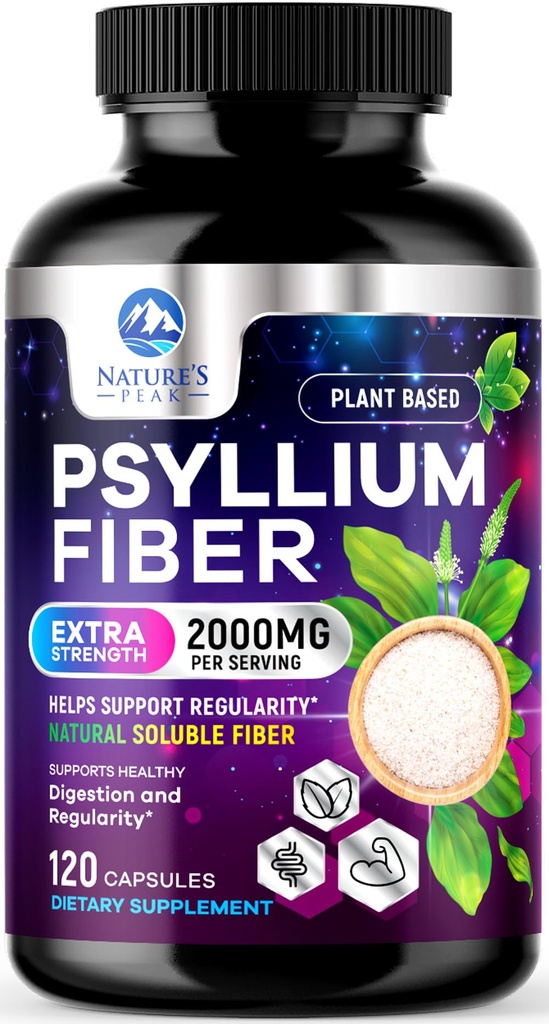 Psyllium Husk Fiber papildinājums 1500mg - Vegan Prebiotic, Šķīstošs Fiber ikdienas Gremošanas Veselība & Regulārība Atbalsts, Dabīgs Psyllium pulvera Caps, bez cukura, bez GMO un lipekļa - 120 Kapsulas
