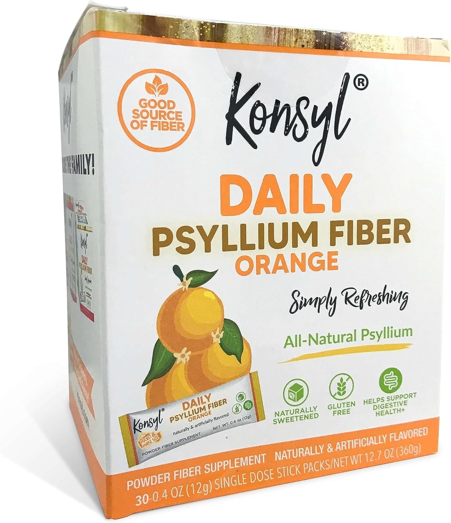 Konsyl Daily Fiber Orange 100% Dabīgs Psyllium Husk pulveris - dabiski saldināts - bez lipekļa - 30 Individual Stickpacks
