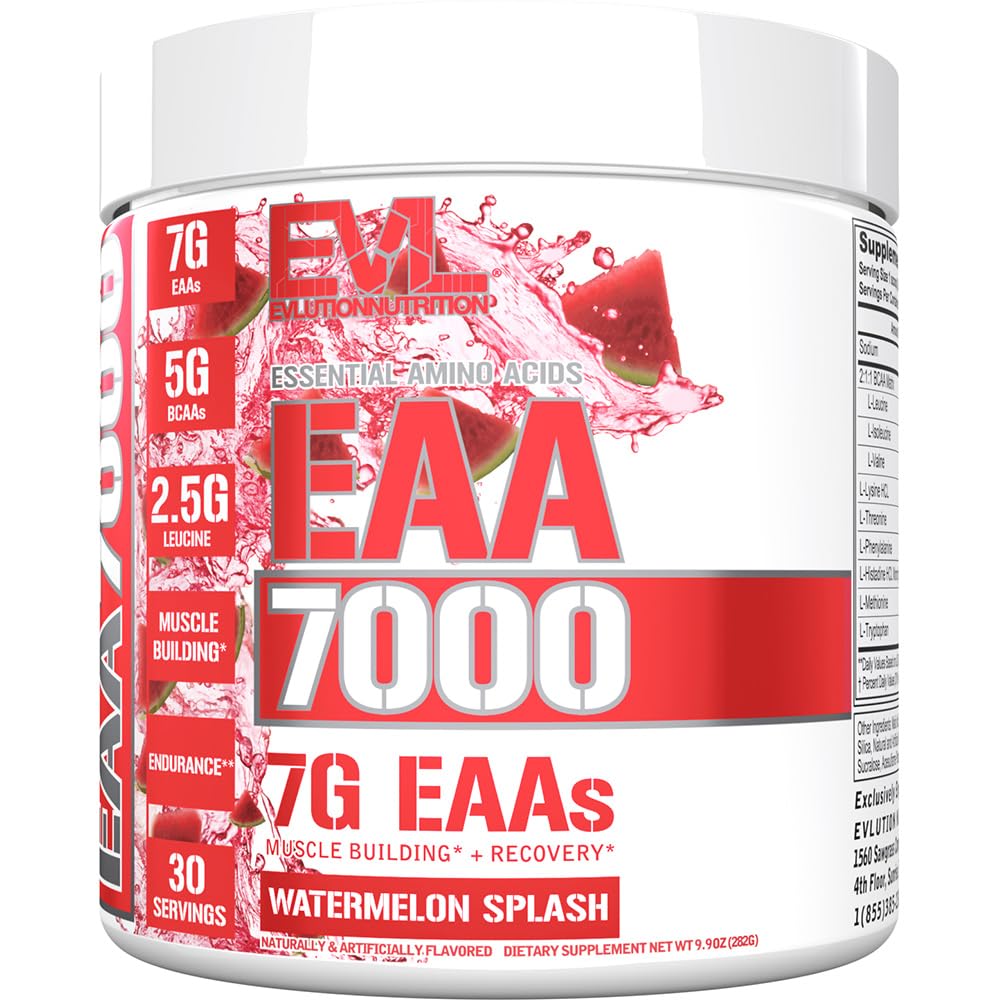 Evlution Nutrition EAA7000 - Pre & Post Workout Pulveris - Muskuļu ēka + atveseļošanās papildinājums - 7g Essential Aminoskābes + 5g BCAAs - Izturība + Enerģijas Atbalsts - 30 Servējumi - Arbūzu šļakatas