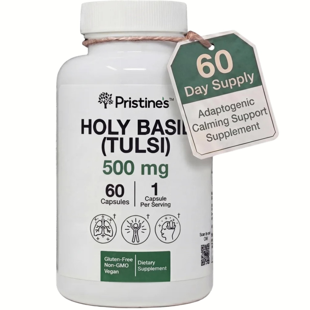 PRISTINE'S Holy Basil Capsules - 500 mg Gluten Free Immunity & Relaxation Support Adaptogen Papildinājums - 60 dienu piegādes - Tulsi Holy Basil Leaf Extract Kapsulas - Vegan - Ne-GMO