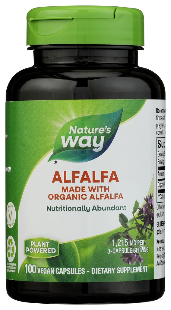 Dabas ceļš Alfalfa, izgatavots ar organisko lucernu, 1215 mg uz 3 kapsulas, Alfalfa augu kapsulas, bez lipekļa, vegāna, 100 kapsulas (iepakojums var būt)