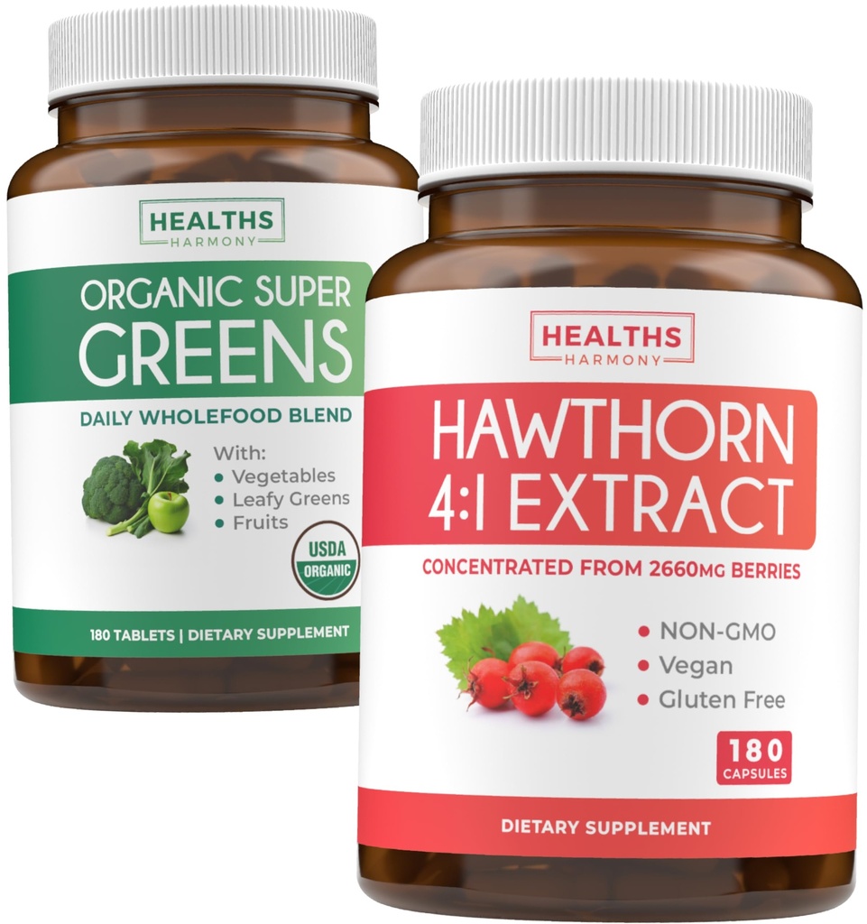Super Greens & Hawthorn Extract (3-Mēness Supply) Super Berry Blend Bandle of Organic Super Greends Powder - Complete Superfood & Hawthorn Berry 4:1 Extract - Augsta stipruma ekstrakts (180 Capsules)