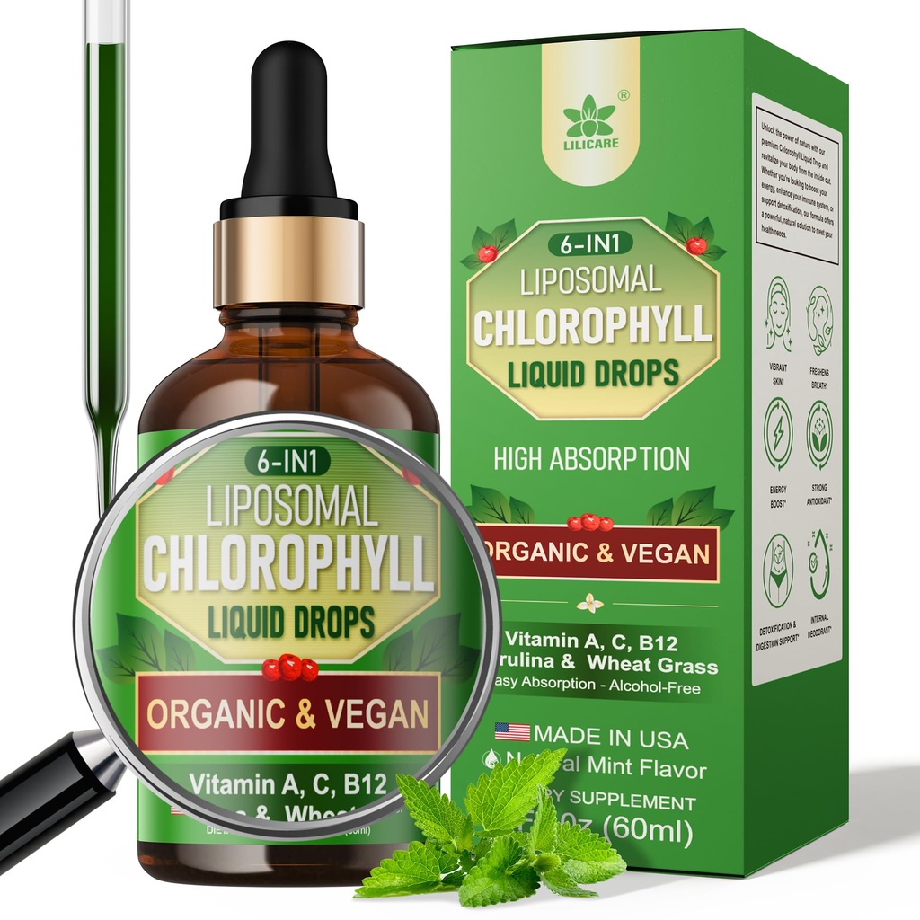 Organic Chlorophyll Liquid Drops Liposomal sievietēm un vīriešiem, 6-in-1 Greens Superfood Vegan Chlorophyll w/Spirulina, Kviešu zāle, vitamīns C B12 A Iekšējo dezodorantu*, Enerģija, Digestive,1Iepakojums/2 Fl Oz