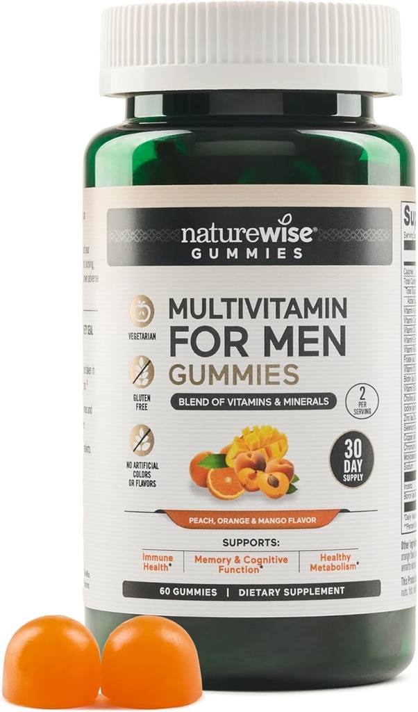 DabasWise Multivitamīnu vīriešiem, Gumies Persiku Mango Flavor, Imūnās veselības ar minerālvielām un vitamīnu A, C, D, E, B6 un B12, Vegetarian, Soy-free, Non-GMO, 60 Count[1-mēness piegādes]