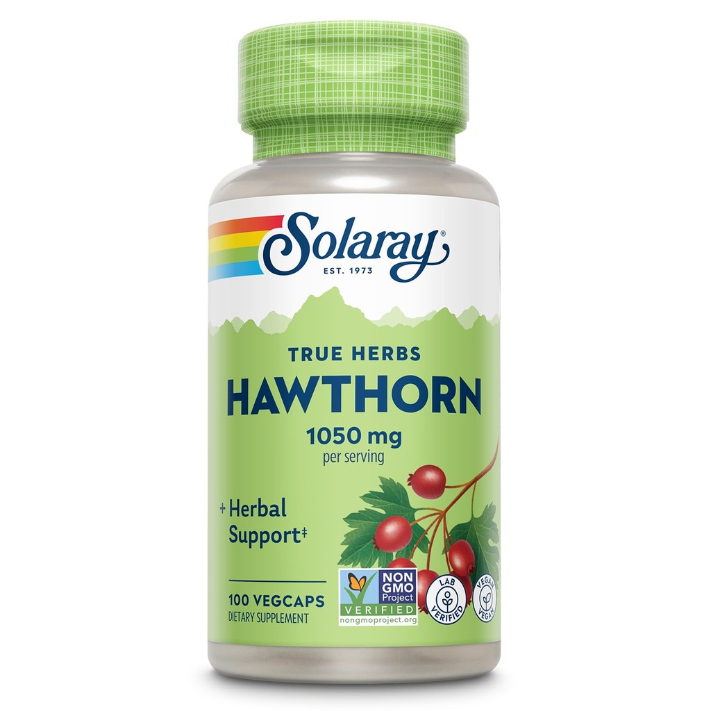 SOLARAY Hawthorn Berry Capsules 1050 mg - Nomierinošs augu valsts atbalsts - Hawthorne Berry Papildinājums vispārējam labsajūtas atbalstam - Viss berry, Vegan, Non-GMO, 60 Day Guarantee, 50 Servējumi, 100 VegCaps