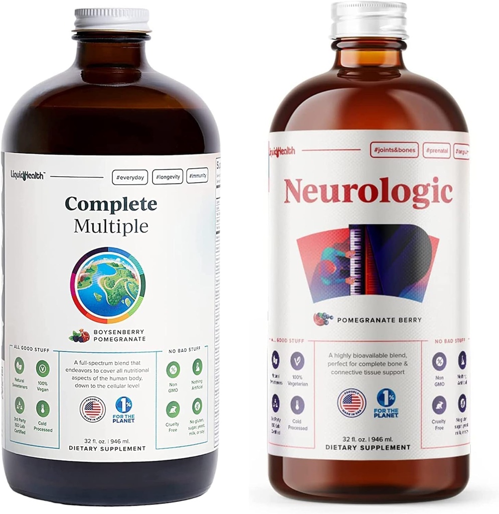 LIQUIDHEALTH Complete Vairāki dienas multivitamīni un neiroloģisks nootropisks šķidrums Vitamīnu bars pieaugušajiem - uzlabot imūno atbalstu, uzlabot atmiņu, fokusu un koncentrāciju - Vegan, ne-GMO, ražots ASV