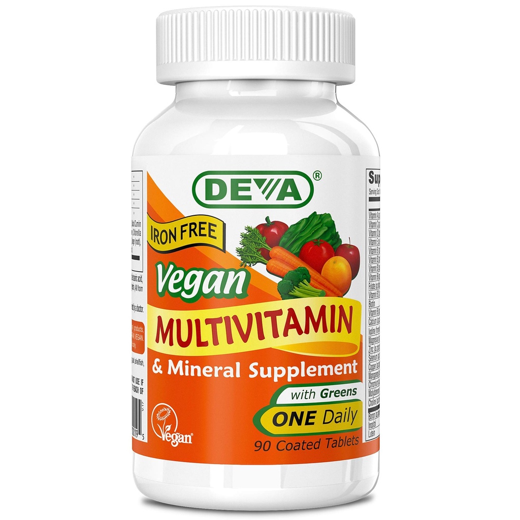 DEVA Vegan Multivitamīnu un minerālvielu papildinājums - viena diennakts vitamīnu formula ar zaļumu - bez dzelzs - 90 apvalkotās tabletes, 1- iepakojums