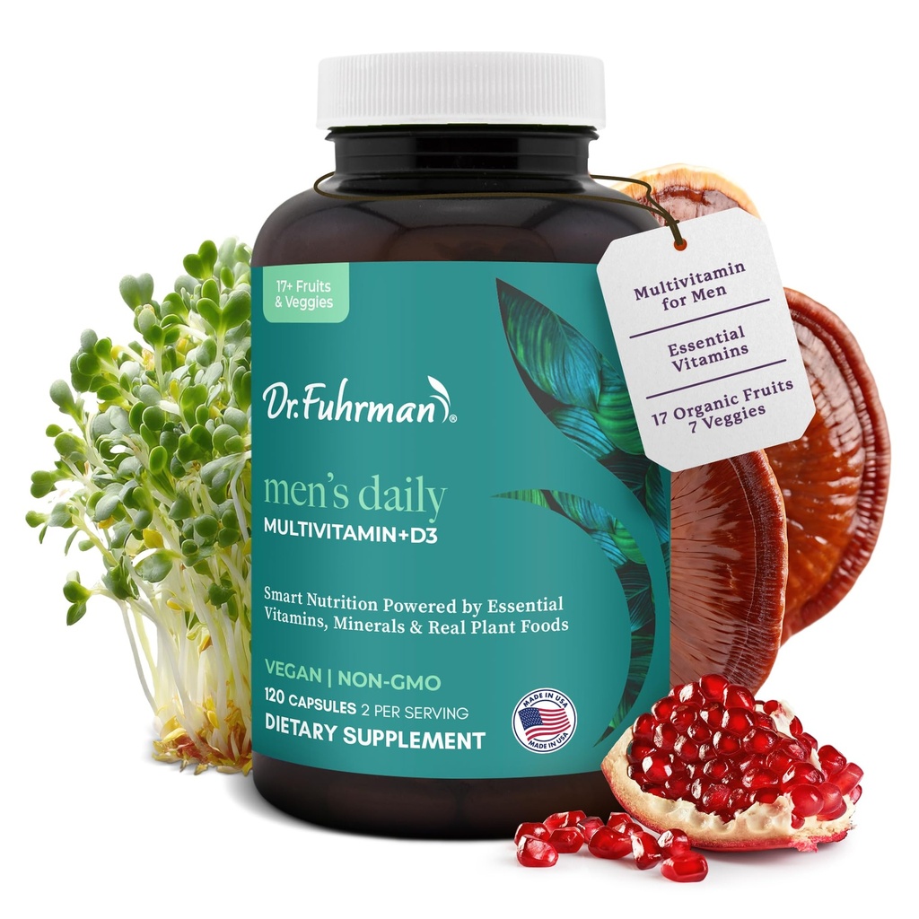 Dr. Fuhrman Multivitamīni vīriešiem + D3 Vitamīni imūnās uzturvielas      - Vegan Formula Men’s Multivitamīni ar B12 un Cinku --- pilnvērtīga pārtika multivitamīni Iepakoti ar 17 augļiem un veģetācijām -- neĢMO - 120 Kapsulas