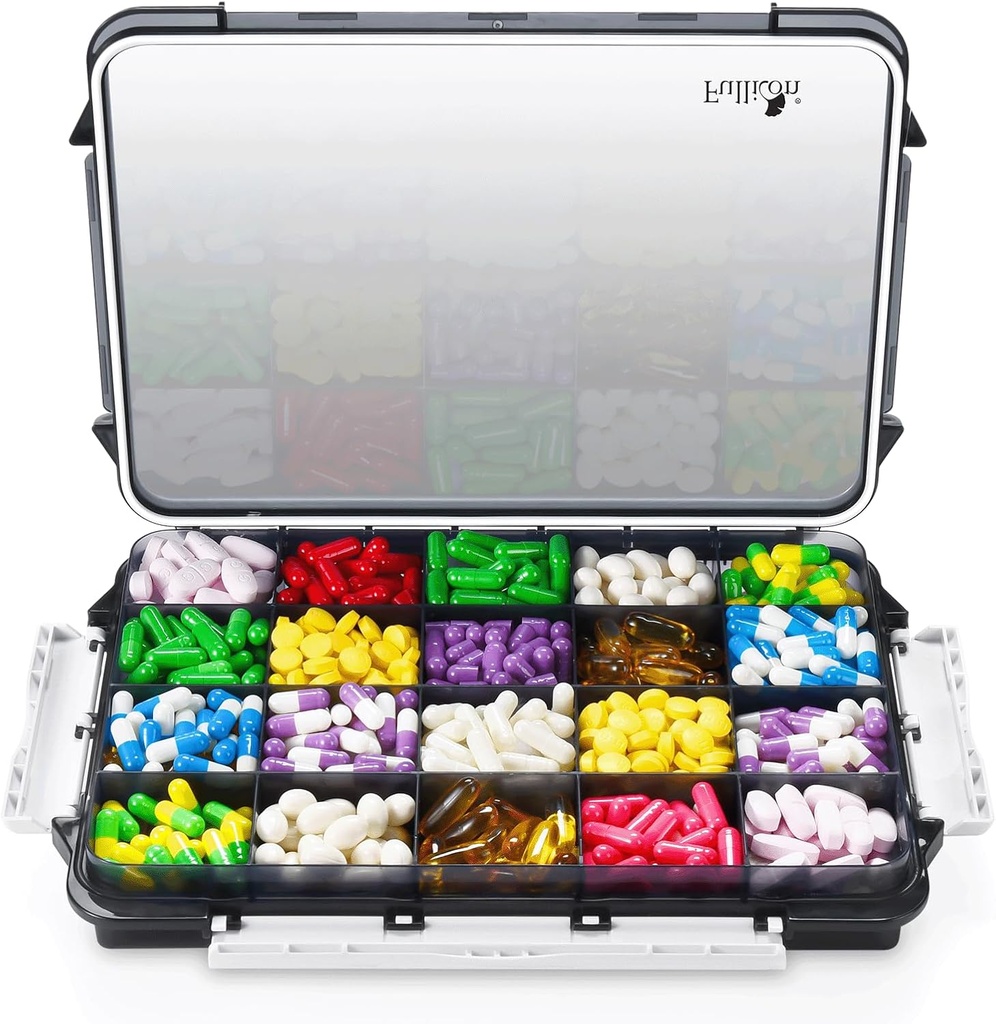 Fulikons Extra Large Pill organizators ar mitruma novēršanas dizainu, Travel Jumbo Pill kaste ar 20 nodalījumu, papildinājums Organizators vitamīniem ar 3 drošām sprādzēm (melnā krāsā)