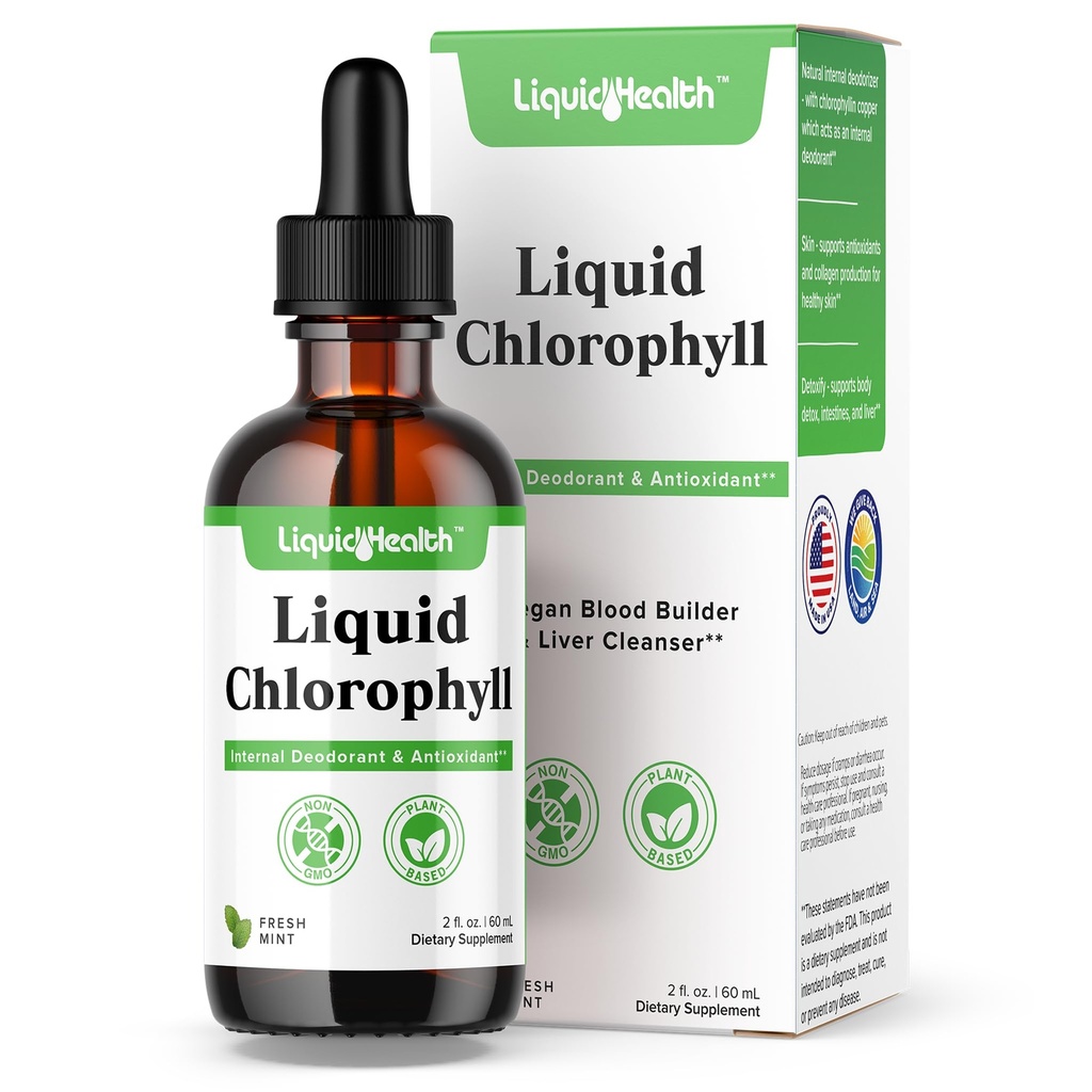 LIQUIDHEALTH Šķidrā hlorofila pilieni - iekšējais dezodorators, aknu detokss, imūns atbalsts, veicināt kolagēns matiem un ādai, pārtraukt sliktu elpu, samazināt apetīti - Ražots ASV, Vegan, ne-GMO (2 oz)