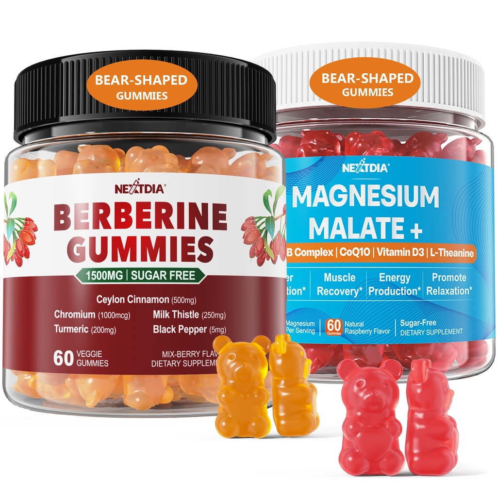 Nextdia 2Pack Berberine Supplement Gummies 1500mg + 2Pack Magnesium Malate with CoQ10-100mg Gummies