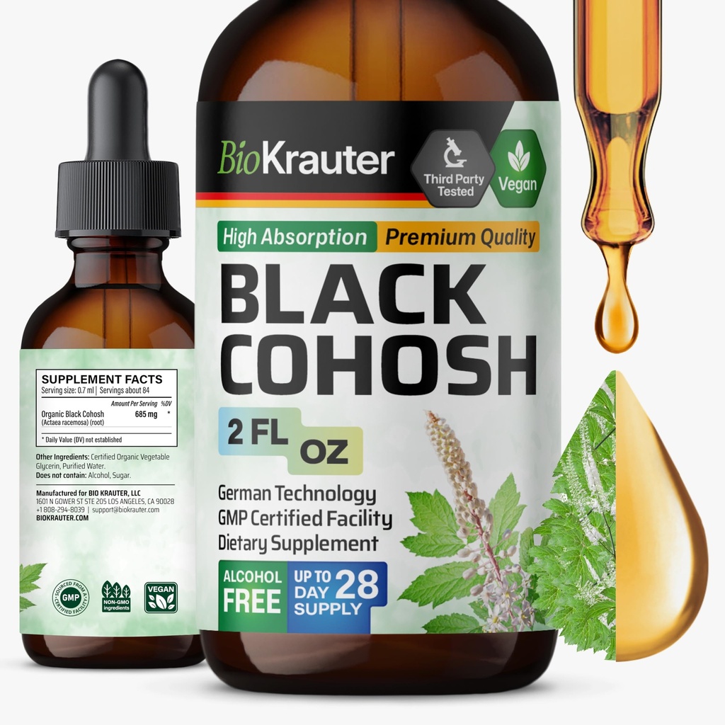 BIO KRAUTER Black Cohosh Saknes Tincture - Vegan Black Cohosh papildinājumi Sieviešu atbalsts - Alkohols un bez cukura - 2 Fl.Oz.