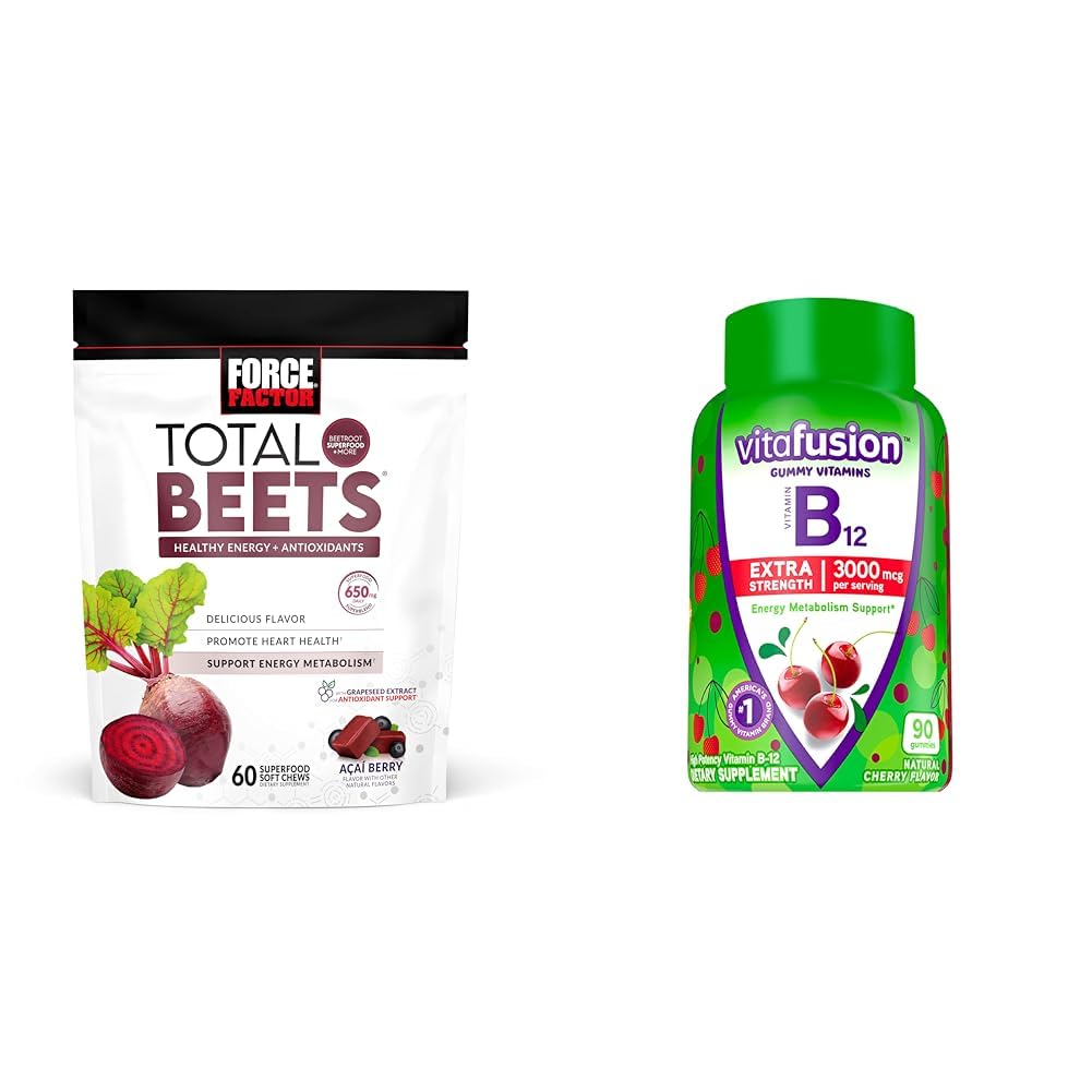 Force Factor Total Beets Chews ar biešu un vīnogu sēklu ekstraktu Plus Vitafusion B12 Gumies, 90 Count Cherry Flavor