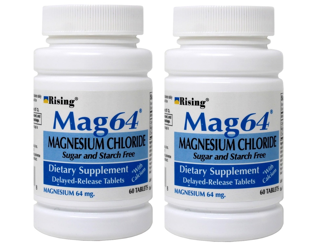 Rising Mag64 Magnija hlorīda uztura bagātinātājs Aizkavēta lietojuma tabletes 64 mg, 60 tabletes (iepakojums no 2)