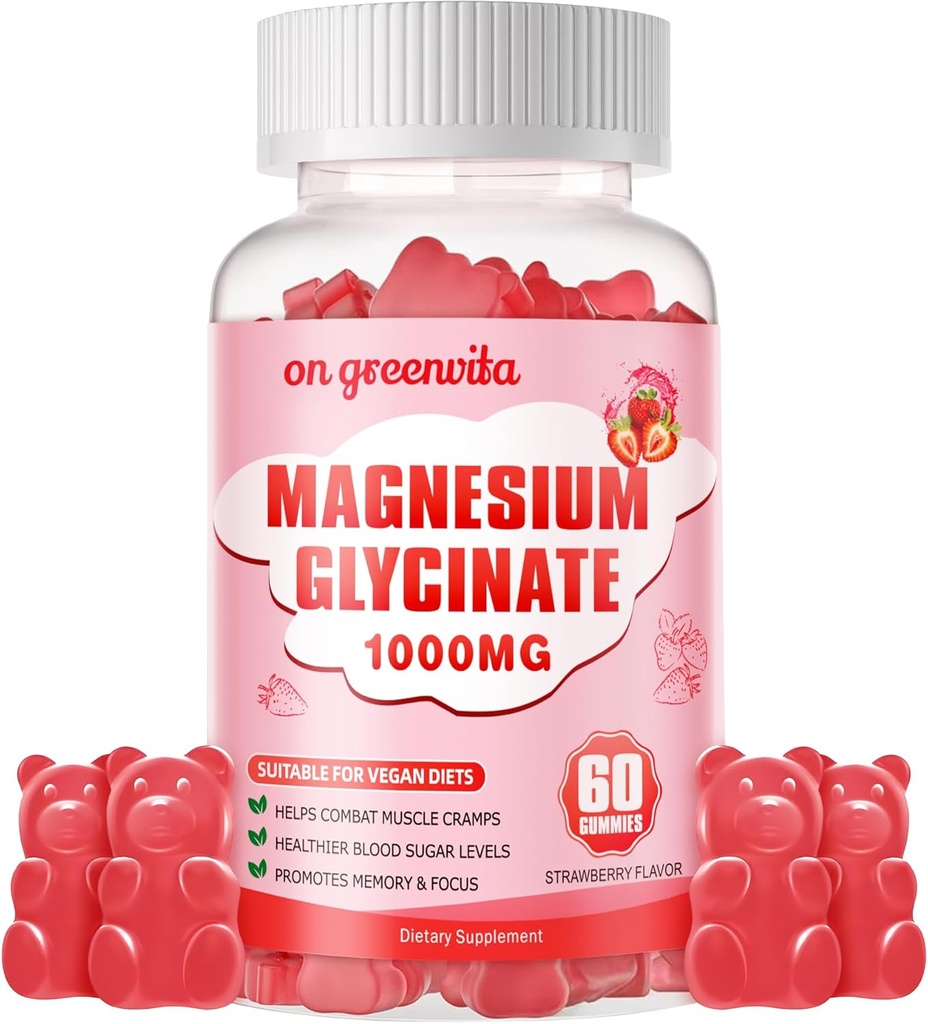 Magnijs Glicināt Gumies 1000mg - bez cukura Magnija Kālija Papildinājums ar vitamīnu D, B6, CoQ10 Calt Mood & Miega atbalsts - 60 zemeņu Gumijas