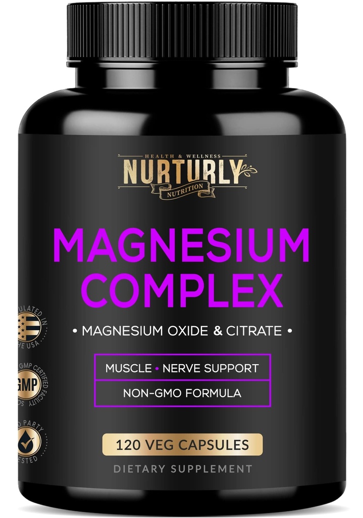 Magnija citrāts un oksīds 500mg kompleksa papildinājums - Augsta Absorbcija Maksimālais stiprums - Palīdz atbalstīt kaulu blīvums un stiprums, muskuļi, enerģija un miegs - 120 Vegan kapsulas