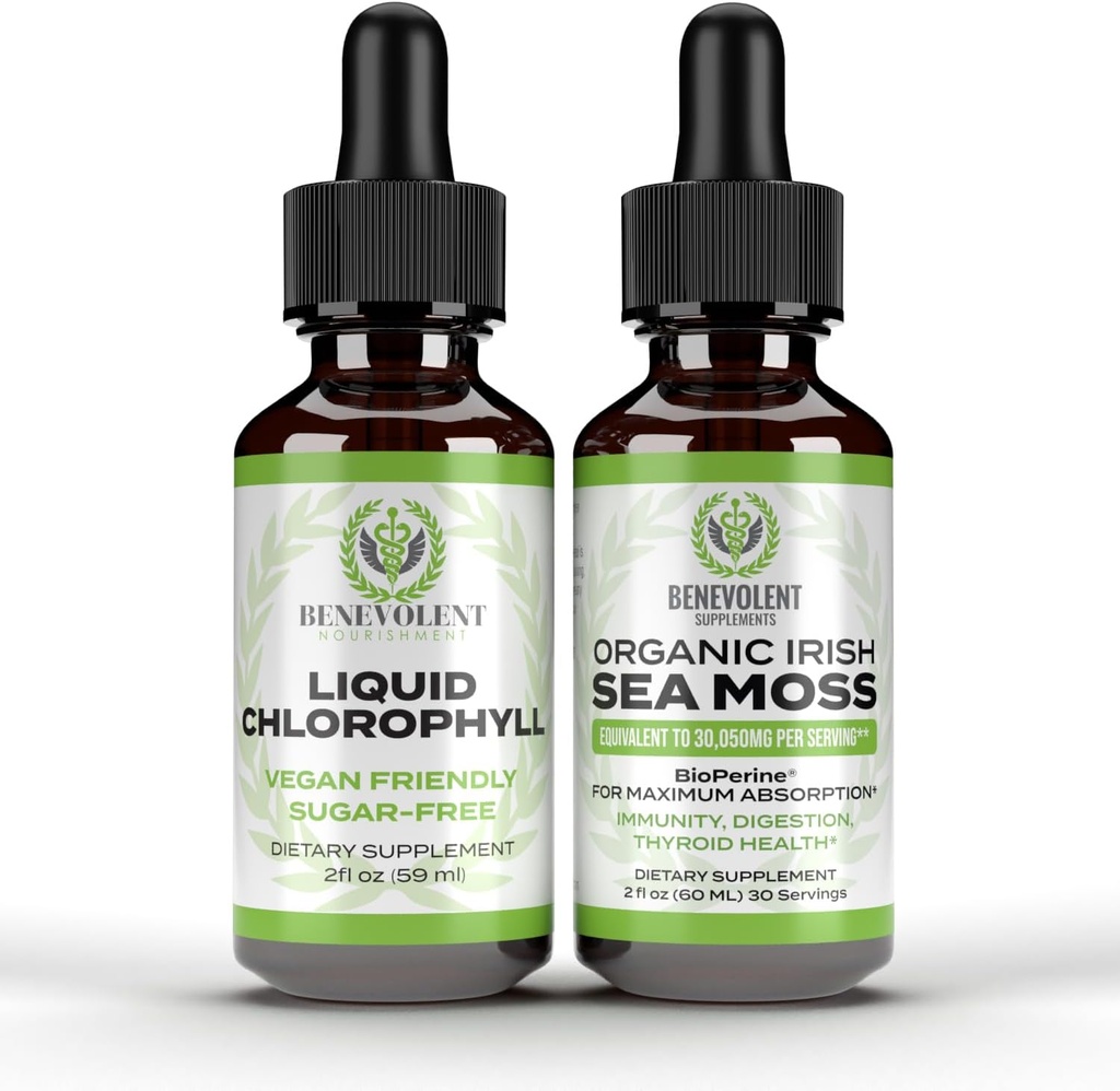 Benevolent hlorofila šķidruma pilieni + Irish Sea Moss Drops 2oz, 4 Mēnešu apgādes Šķidrā hlorofila papildinājums iekšējam dezodoratoram un radiējošai ādai