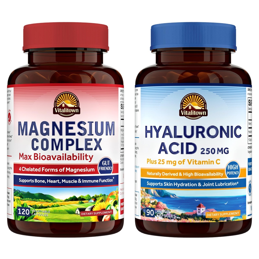 Vitalitown Magnijs + hialuronskābe Bundle ; Magnija komplekss (Itema 1) un Hialuronskābe Plus C vitamīns (Itema 2)      - 120 Magnija kapsulas & 90 Hialuronskābes kapsulas