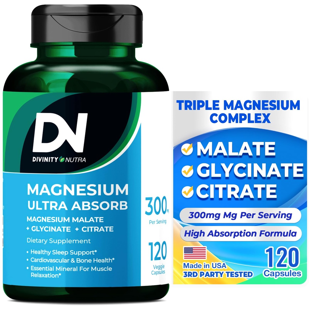 Diennakts Nutra Triple Magnija kompleksa papildinājums, 300mg magnija glicināts, malāts un citrāts muskuļiem, nerviem, & enerģija, augsta absorbcija, 120 Vegan kapsulas, Ne-GMO ASV izgatavots