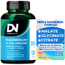 Diennakts Nutra Triple Magnija kompleksa papildinājums, 300mg magnija glicināts, malāts un citrāts muskuļiem, nerviem, & enerģija, augsta absorbcija, 120 Vegan kapsulas, Ne-GMO ASV izgatavots
