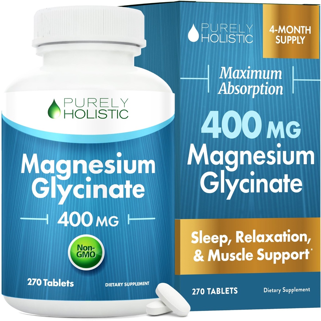 Magnija glicināts 400 mg - 270 Magnija tabletes (nav kapsulas) - 400 mg Elementāls magnijs - Viegli biopieejams - Vegans un Veģetārs - uzlabotam miegam, stresa atvieglošanai un pretkrampju aizsardzībai