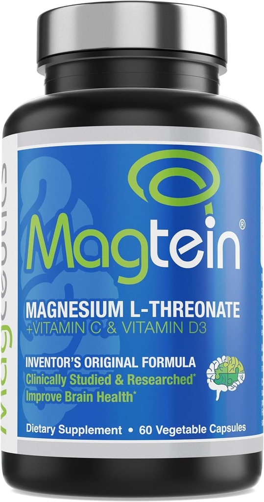 Magteīns - magnija L-treonāta papildinājums, atmiņa, fokusa, miega un smadzeņu veselības formula vīriešiem un sievietēm, kognitīvais atbalsts pieaugušajiem, klīniski pētītas - 60 Veg kapsulas