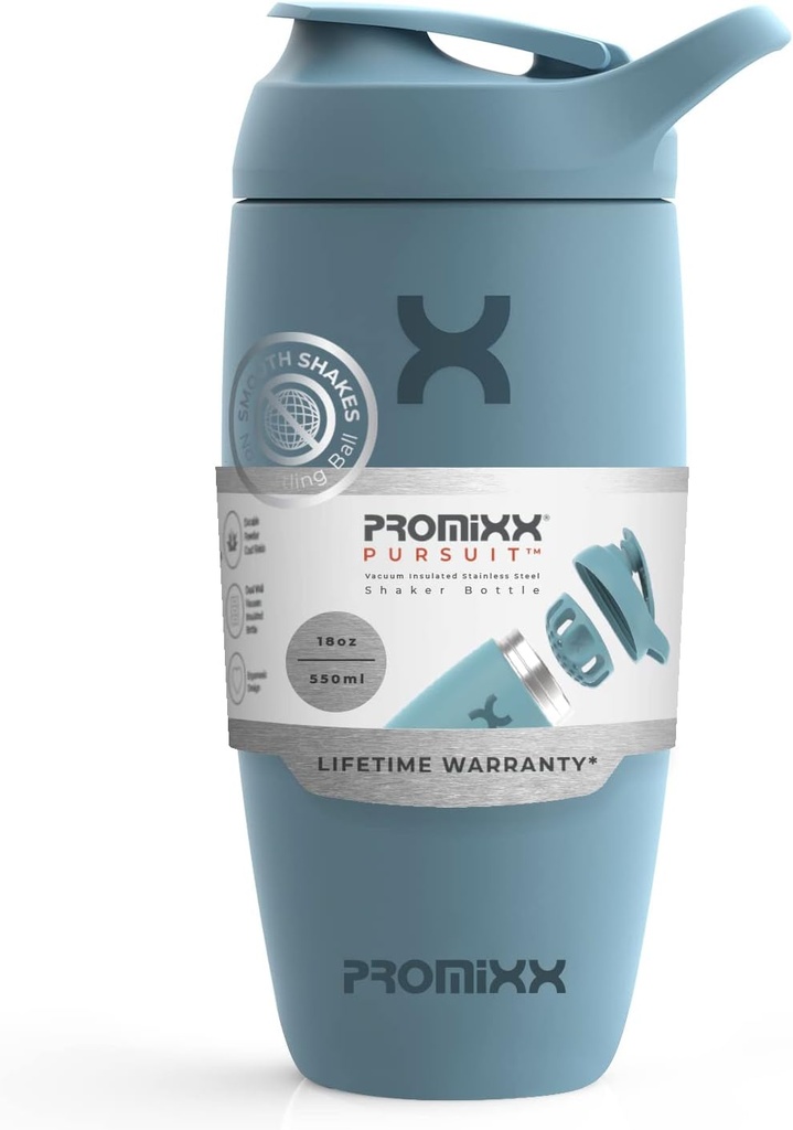 Promixx Pursuit Shaker Pudele Izolēta nerūsējošā tērauda ūdens pudele un kratītāja kauss, 18oz, Ocean Calm Blue