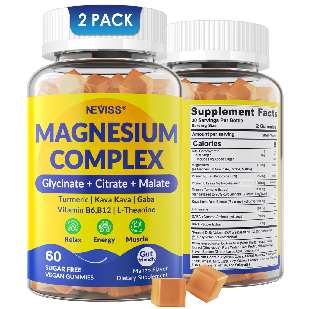 Magnija komplekss Gummies 400mg, Magneisum Glicerate Citrāts Malate + Turmeric, GABA, B6 B12, Kava Kava, L-Teanīns miegam, Calm, Relaxation, Enerģija, Magnija Gumijas vīriešiem, Vegan, 2 Pack