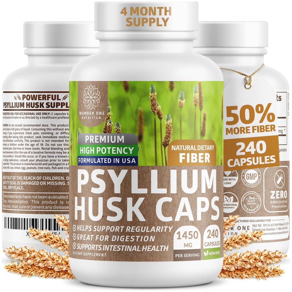 N1N Premium Psyllium Husk kapsulas [All Natural,1450 MG] Spēcīgs šķīdināmās šķiedras papildinājums, lai atbalstītu regulārību un gremošanas veselību, 240 Caps