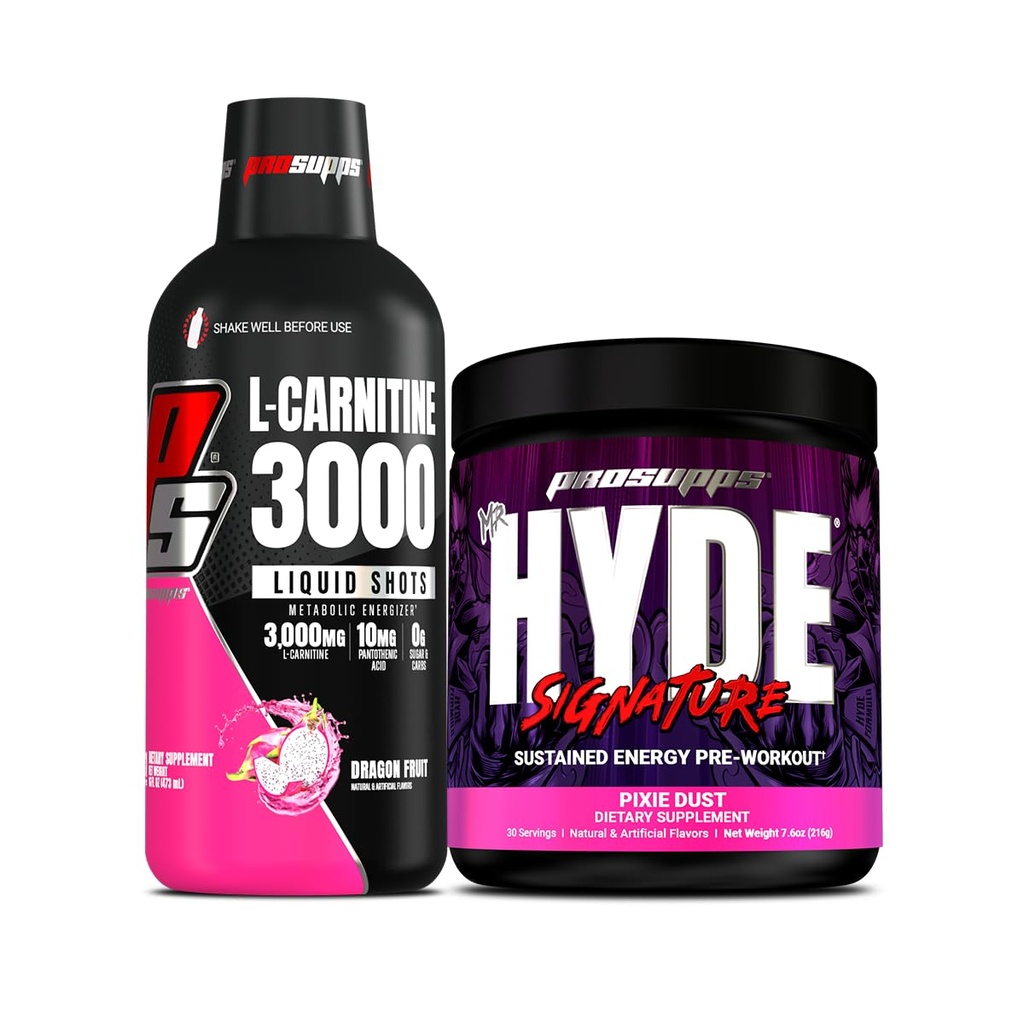 PROSUPPS L-karnitīns 3000 bez stimulanta šķidruma šāvieni (31 Servē, Dragon Fruit) un Mr Hyde Signature Series pirmsstrādāšanas enerģijas pulverdzēriens (30 Servē, Pixie Dust) Bandle